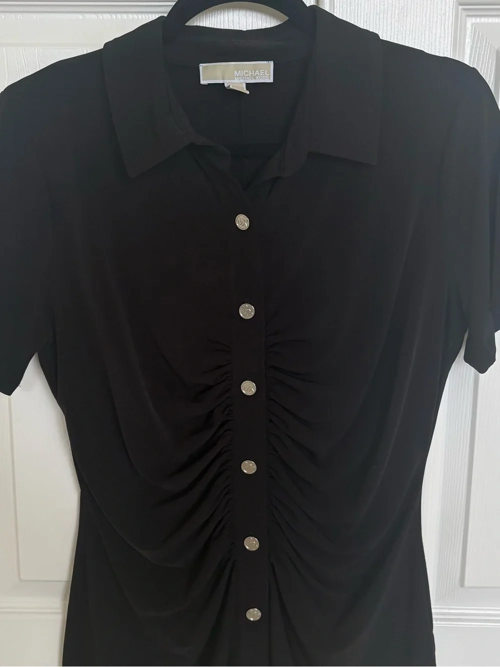 Michael Kors Black Ruched Button-Front Collared Short Sleeve Shirt
